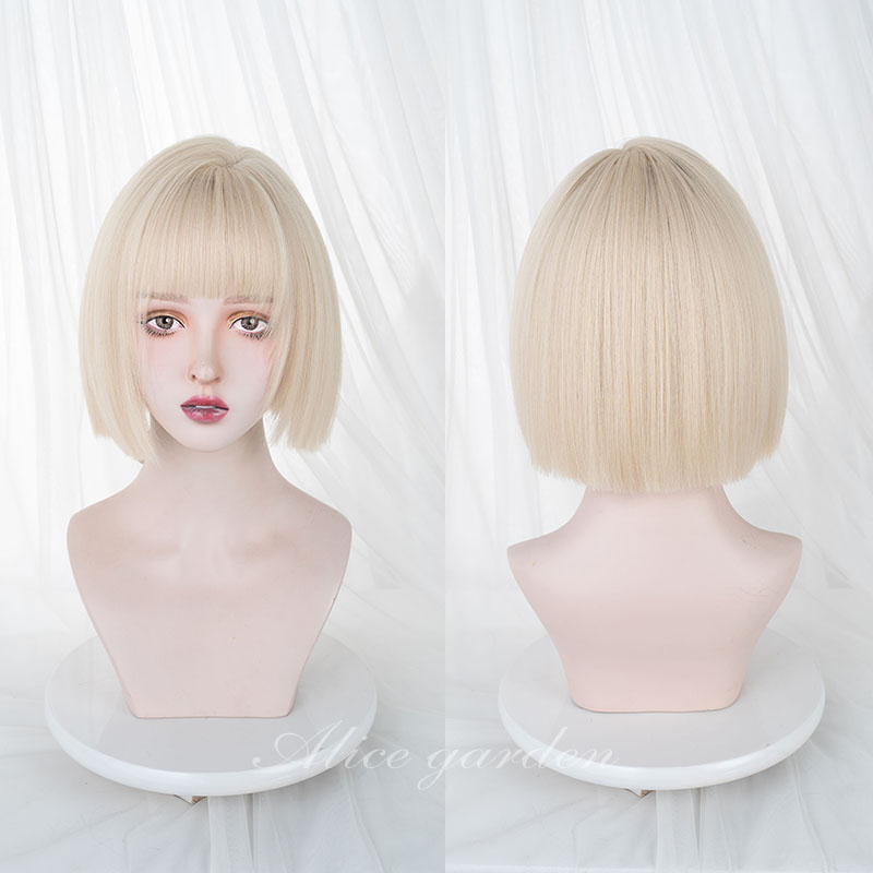 Wig female short straight hair net red side points bobo natural Qi bangs cute jk full headgear Japanese lolita wig