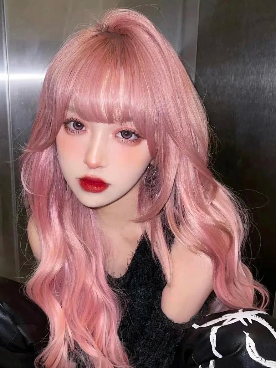 Wig female long hair long curly hair full headgear lolita big wave realistic Korean round face natural pink curly hair