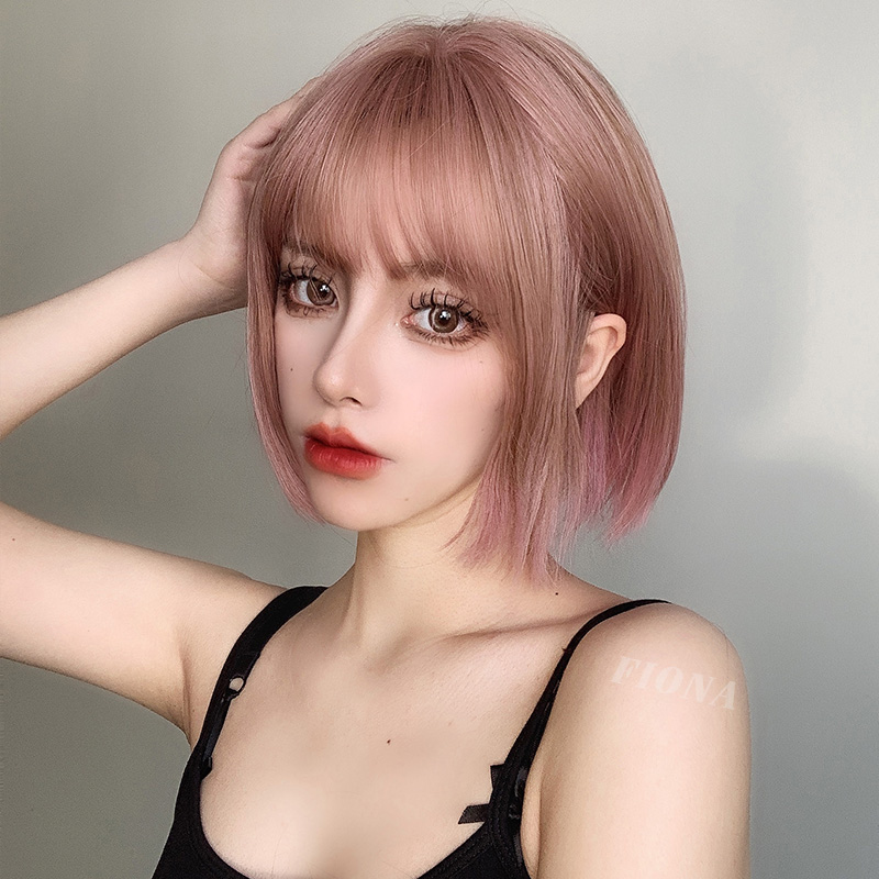 Wig female short straight hair lisa with the same pink bobo head natural girl ears with short hair cos full headgear