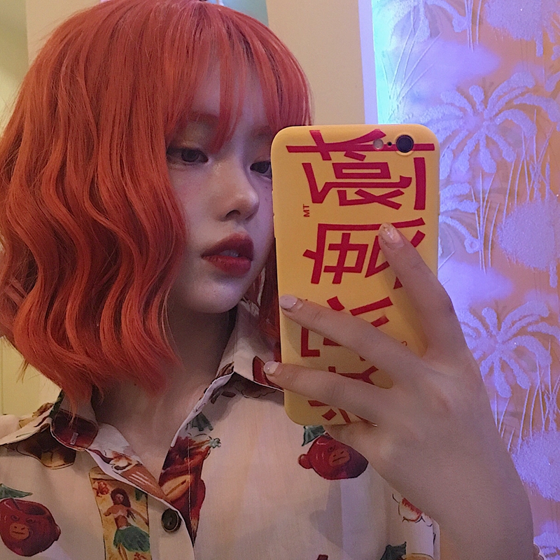 Bright orange Qi bangs wig female short curly hair round face Internet celebrity anchor makeup fake hair fluffy big wavy collarbone hair