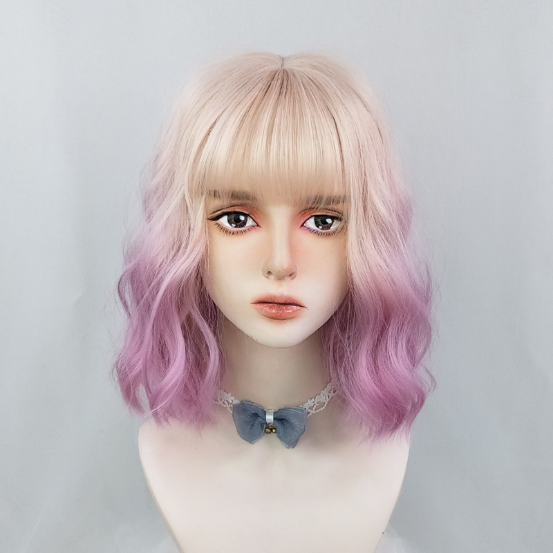 Beauty cube egg roll head wig gradient pink purple short curly hair net red girl color girl group hair color full headgear
