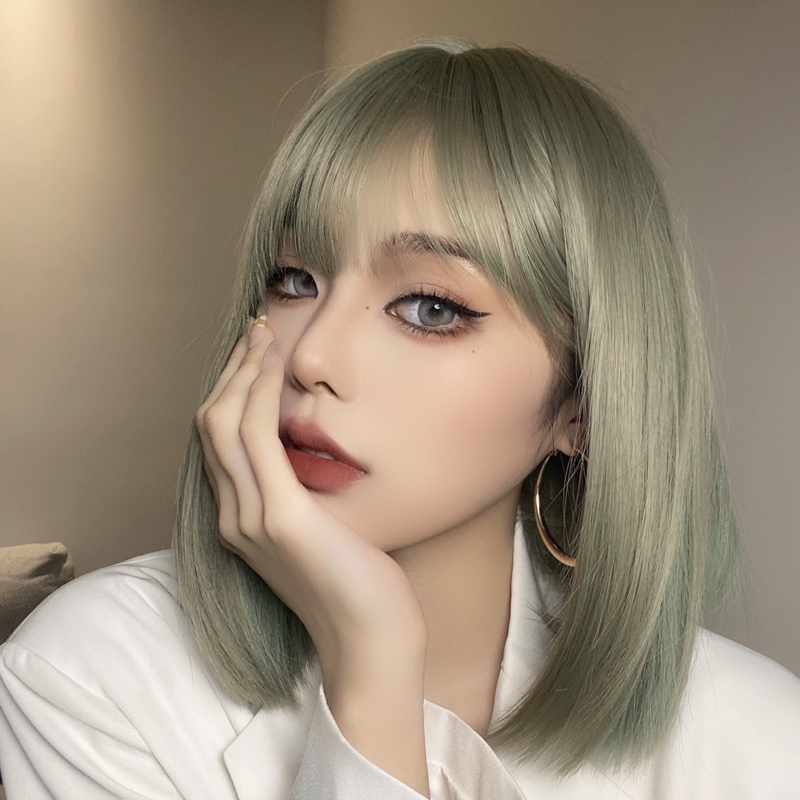Gray-green wig short hair female whole top color highlights bob head tide color cool handsome full head bobo medium short straight hairstyle