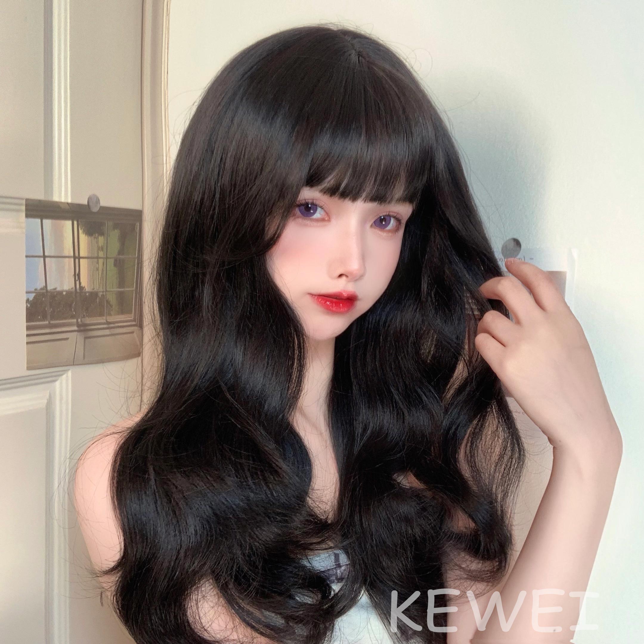 Wig female long hair air bangs natural fluffy big wave Korean style daily long curly hair cute fashion wig set