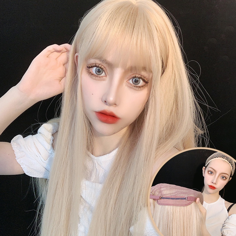 Fiona rose the same girl group hair color long straight hair cos platinum blonde wig natural round face mid-length full headgear
