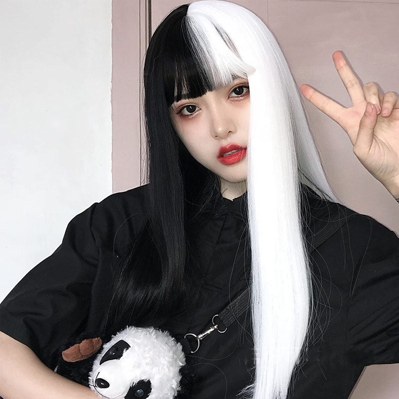 Wig female long hair black and white two-color stitching long straight hair new trend Lolita dark yin and yang color full headgear