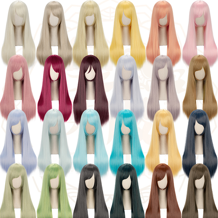 Universal long straight hair 60cm black and white gray pink yellow blue green purple brown daily medium long straight hair Cos wig 48 colors
