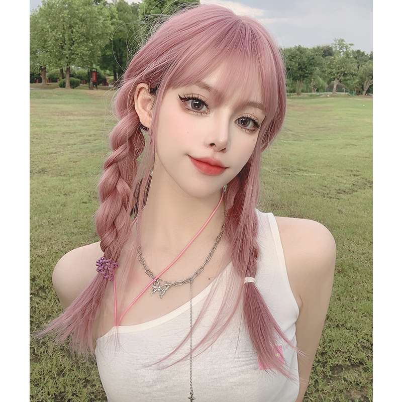 Pink wig female long hair summer long straight hair Lolita Lolita anime cos fake hair natural full headgear