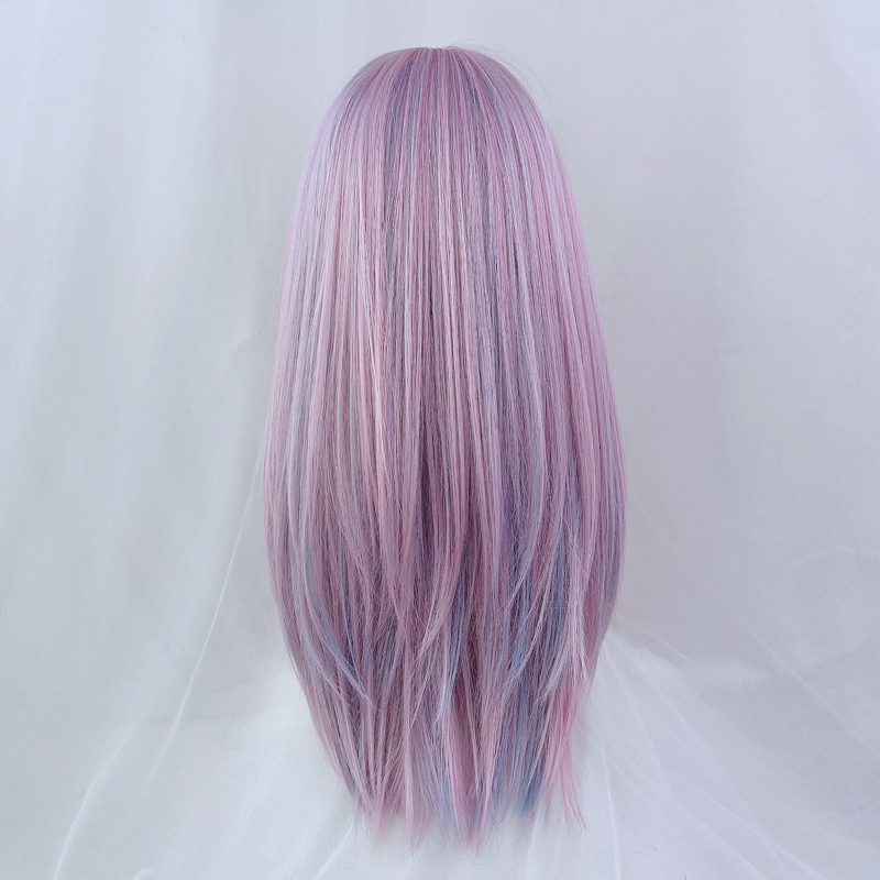 Water dance wig female long hair long straight hair pink purple highlights blue gradient two-color cool net red anchor European and American full headgear