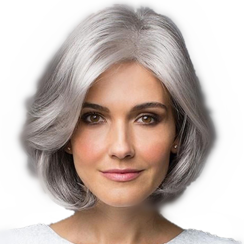European and American wig middle-aged and elderly grandma gray short curly silver gray short hair fluffy realistic chemical fiber headgear hair wig