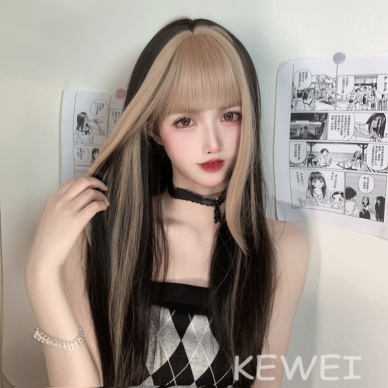 Wig female long straight hair golden bangs gradient student daily lolita natural face repair cos long hair wig set