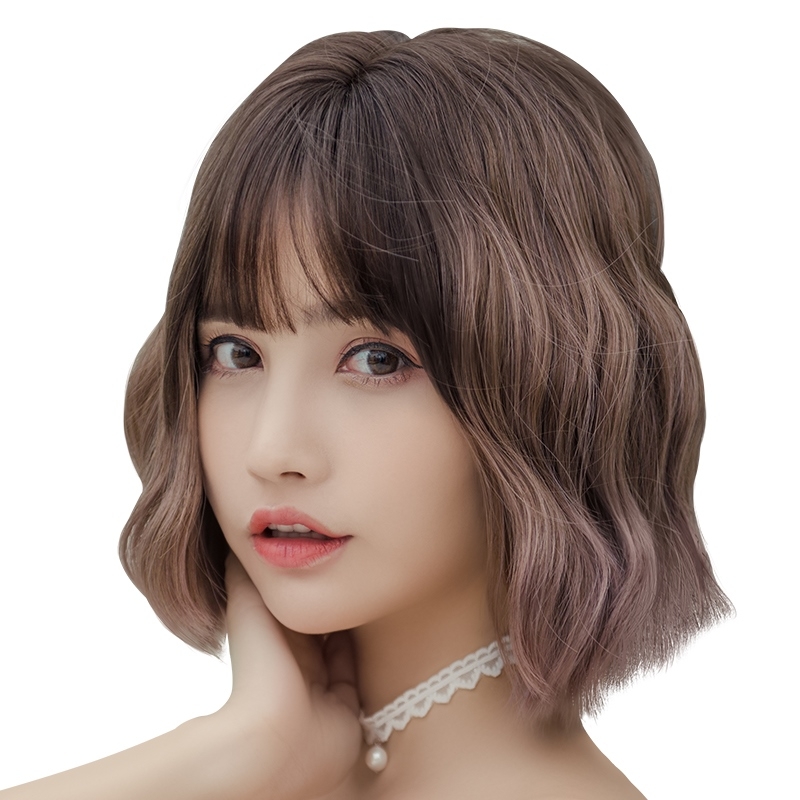 Wig female short curly hair slightly curly pink water ripple perm medium and short hair bob head thin rattan purple gradient wool curl