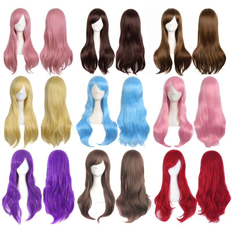Wig female long hair universal cos curly hair slightly curly wave head cover 70cm golden pink blue realistic full hair set
