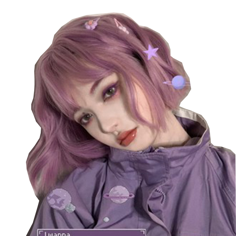 Wig female short hair Lolita natural realistic short curly hair net red cute purple soft girl Korean medium long wig set