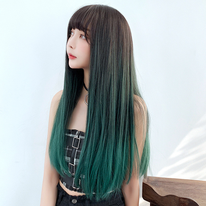 Simulation wig female long hair gradient full headgear type medium long hair air bangs green fashion ladies long straight hair summer