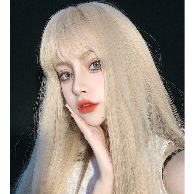 Fiona rose the same girl group hair color long straight hair cos platinum blonde wig natural round face mid-length full headgear