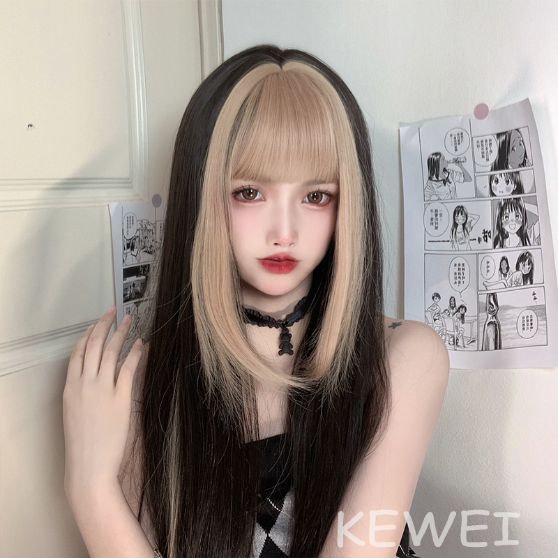 Wig female long straight hair golden bangs gradient student daily lolita natural face repair cos long hair wig set