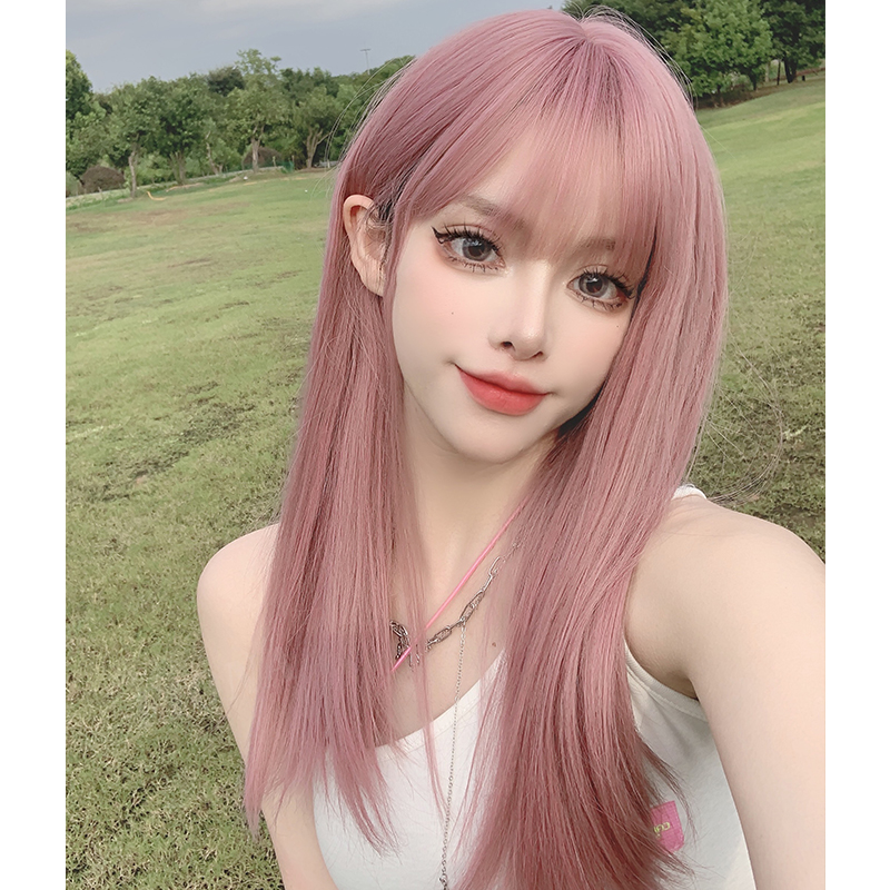 Pink wig female long hair summer long straight hair Lolita Lolita anime cos fake hair natural full headgear