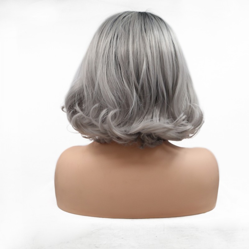 Fashion European and American front lace BOBO head gray short curly hair full wig female headgear Synthetic wigs