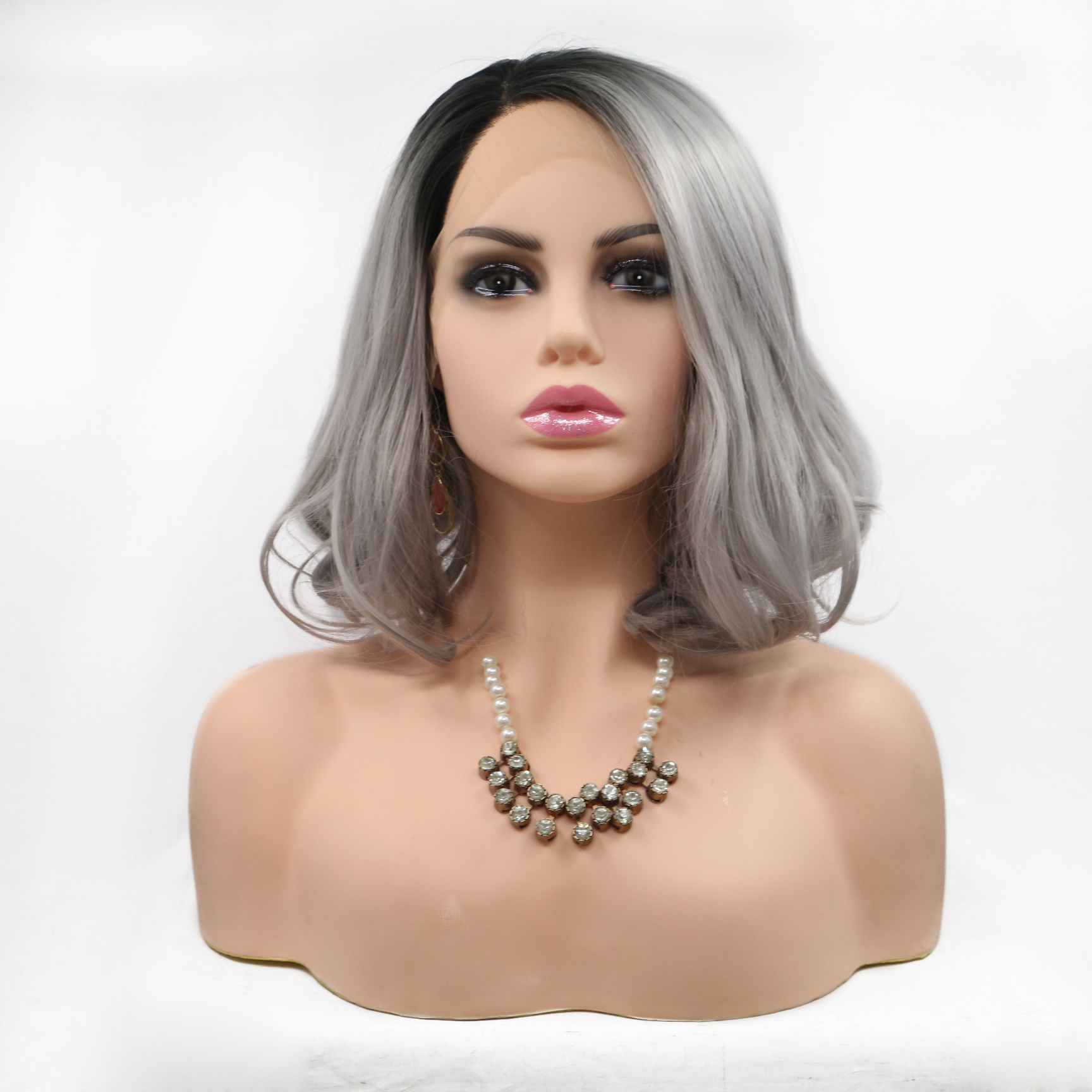 Fashion European and American front lace BOBO head gray short curly hair full wig female headgear Synthetic wigs