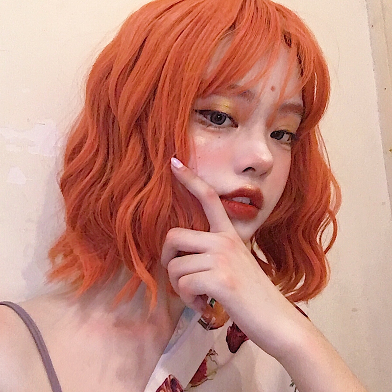 Bright orange Qi bangs wig female short curly hair round face Internet celebrity anchor makeup fake hair fluffy big wavy collarbone hair