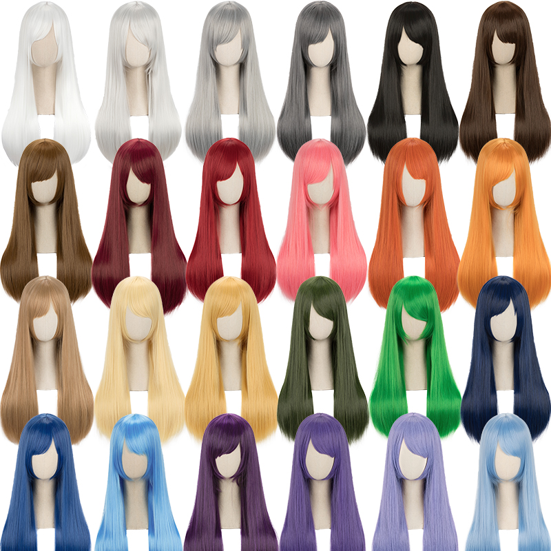 Universal long straight hair 60cm black and white gray pink yellow blue green purple brown daily medium long straight hair Cos wig 48 colors