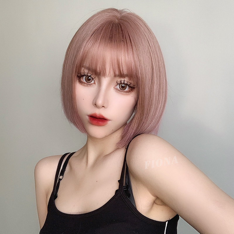 Wig female short straight hair lisa with the same pink bobo head natural girl ears with short hair cos full headgear