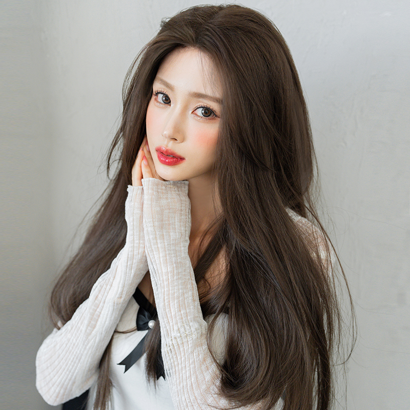 Wig female long hair black long straight full head natural invisible lace hand-woven mid-length straight hair full headgear wig