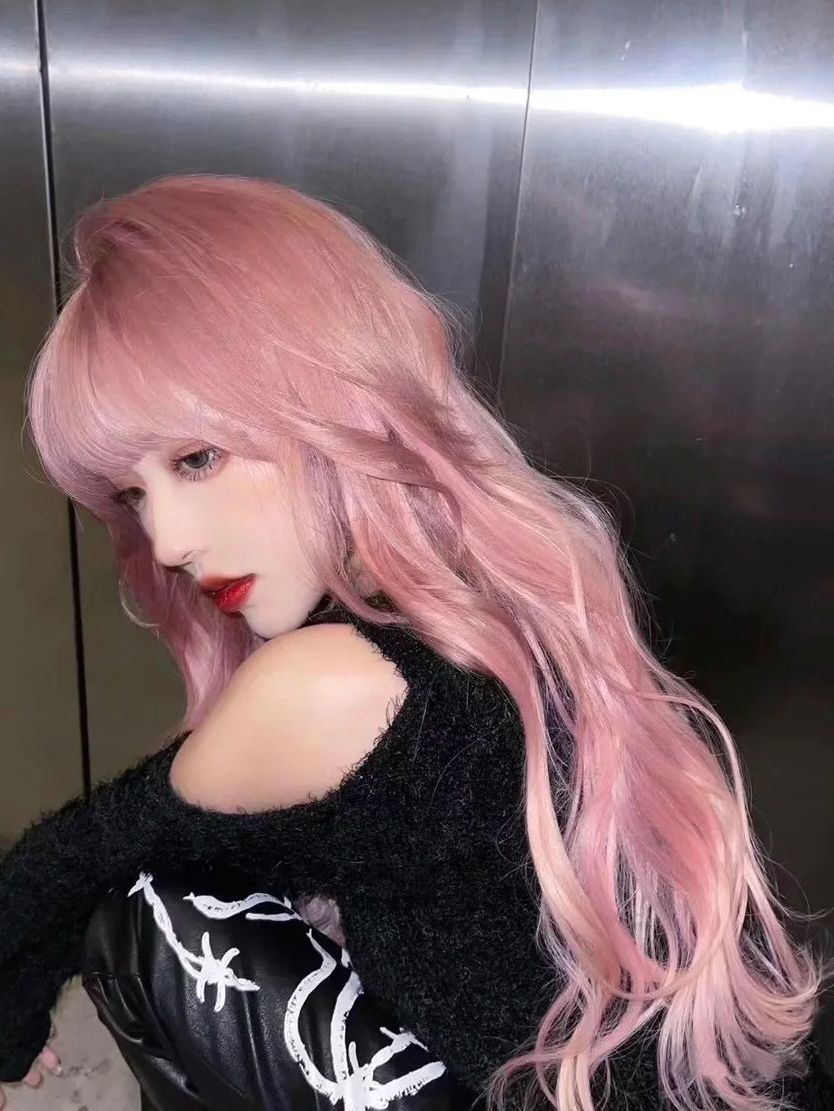Wig female long hair long curly hair full headgear lolita big wave realistic Korean round face natural pink curly hair